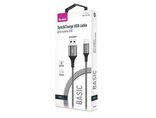 Кабель OLMIO BASIC USB 2.0 - Type-C 1.2м 2.1A тканевая оплетка серый 041640